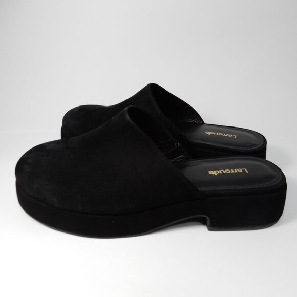 Larroude Miso Flatform Platform CLOGS Slip On Size 8.5 Black Suede Leather EUC - Picture 9 of 16